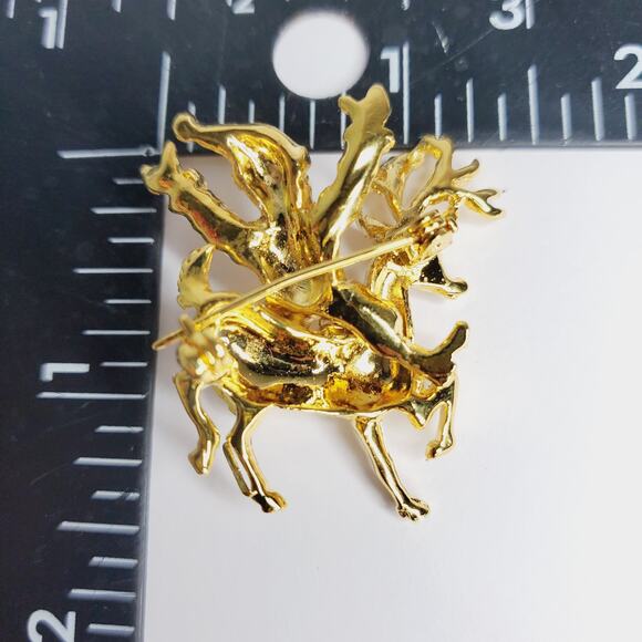 Vintage Haskell Jewels Christmas Santa Reindeer Rhinestone Gold Tone Brooch Pin - Picture 3 of 3